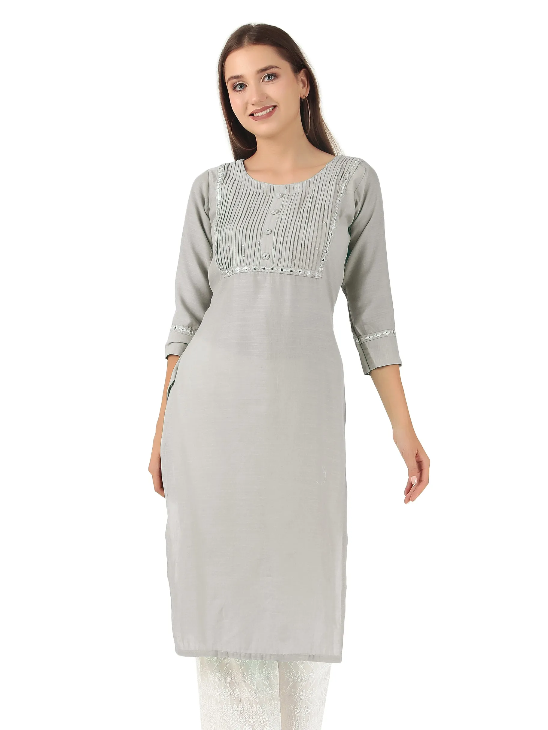 Ladyline Rayon Knee Length Tunic Top Embroidered Mirror Work Round Neck Show Buttons Kurti