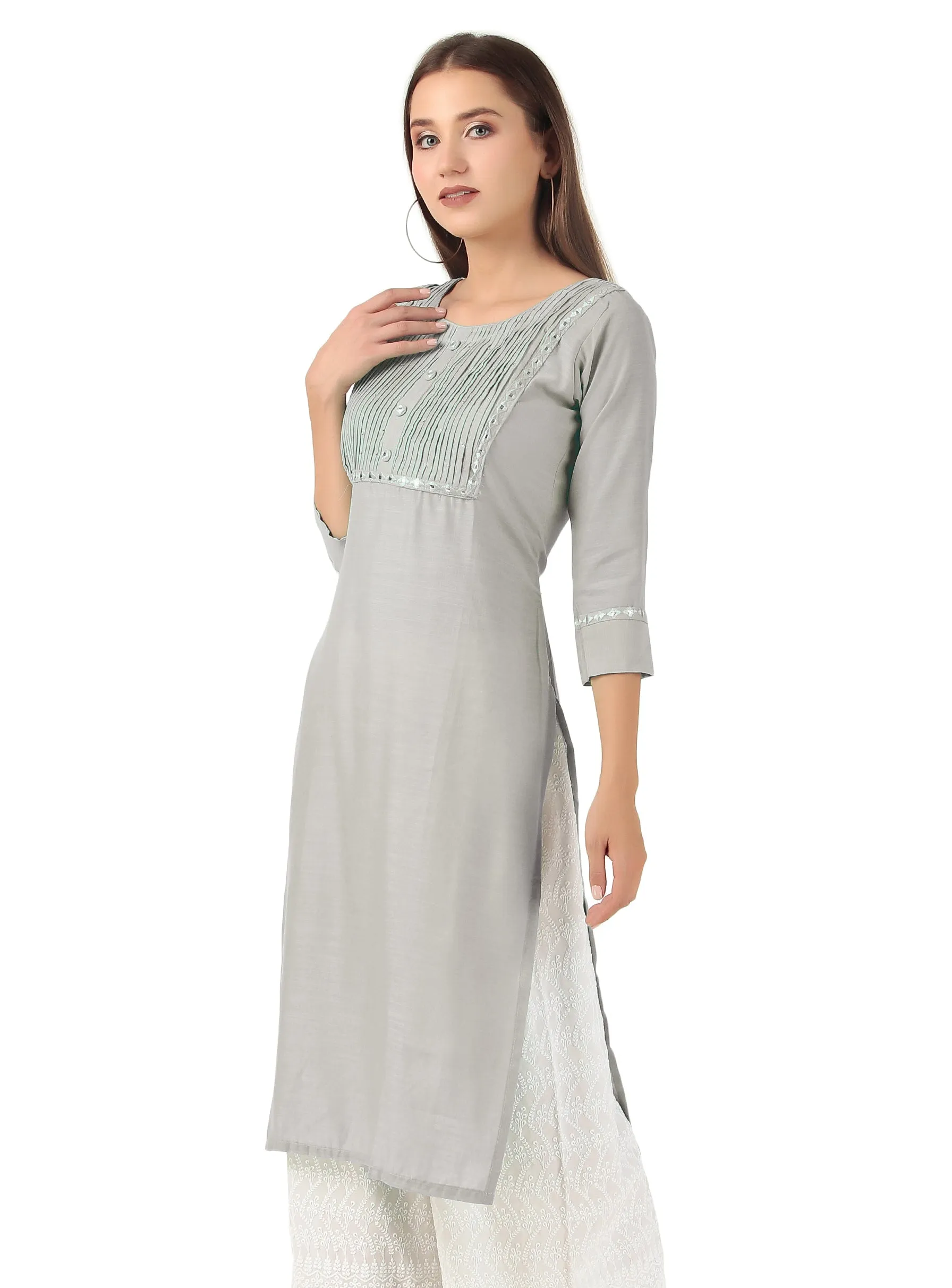 Ladyline Rayon Knee Length Tunic Top Embroidered Mirror Work Round Neck Show Buttons Kurti