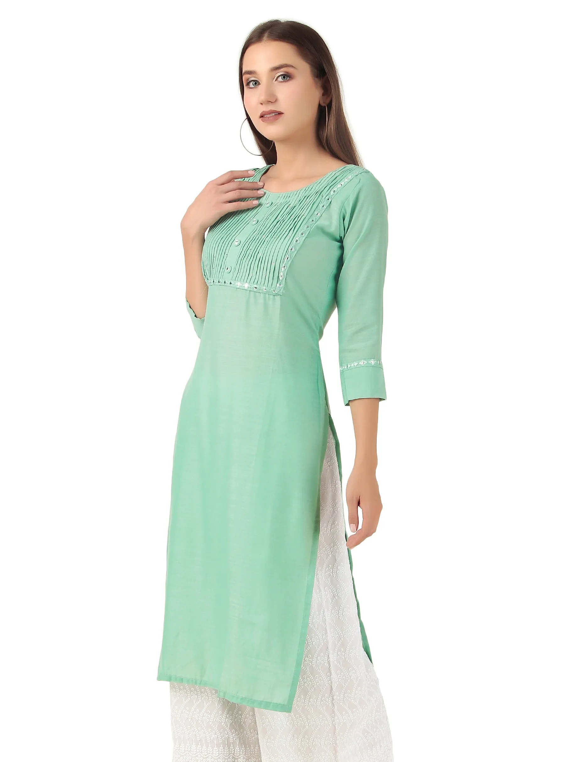 Ladyline Rayon Knee Length Tunic Top Embroidered Mirror Work Round Neck Show Buttons Kurti