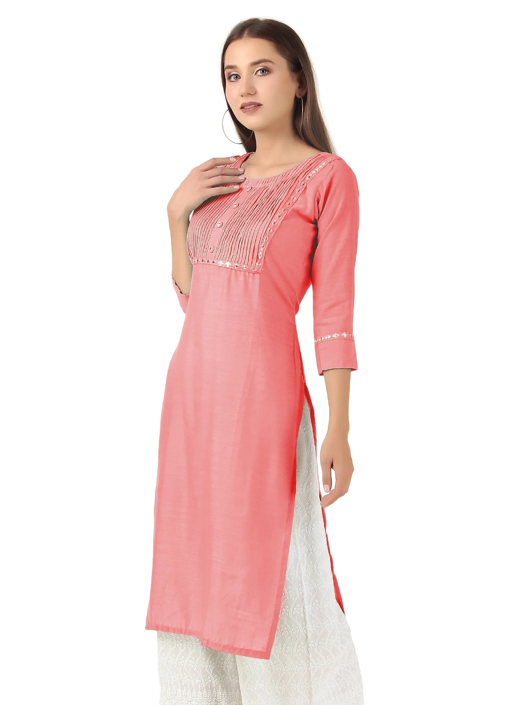 Ladyline Rayon Knee Length Tunic Top Embroidered Mirror Work Round Neck Show Buttons Kurti