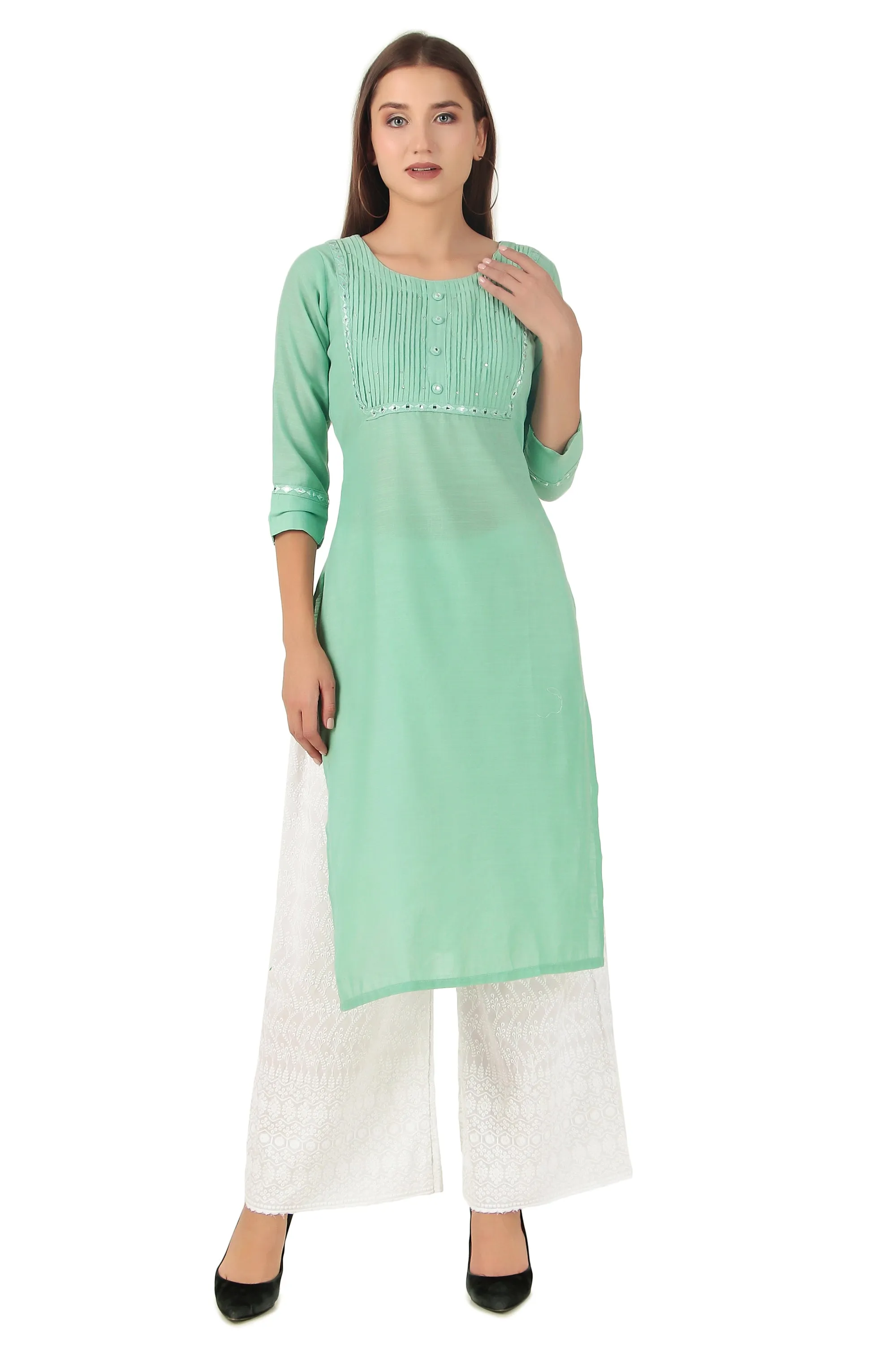 Ladyline Rayon Knee Length Tunic Top Embroidered Mirror Work Round Neck Show Buttons Kurti