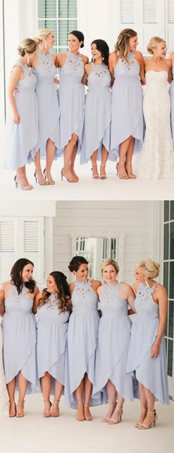 Lavender Lace Chiffon High Low Open Back Bridesmaid Dresses,DB140