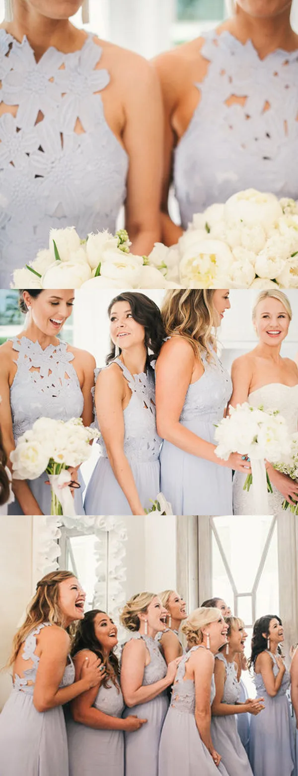 Lavender Lace Chiffon High Low Open Back Bridesmaid Dresses,DB140