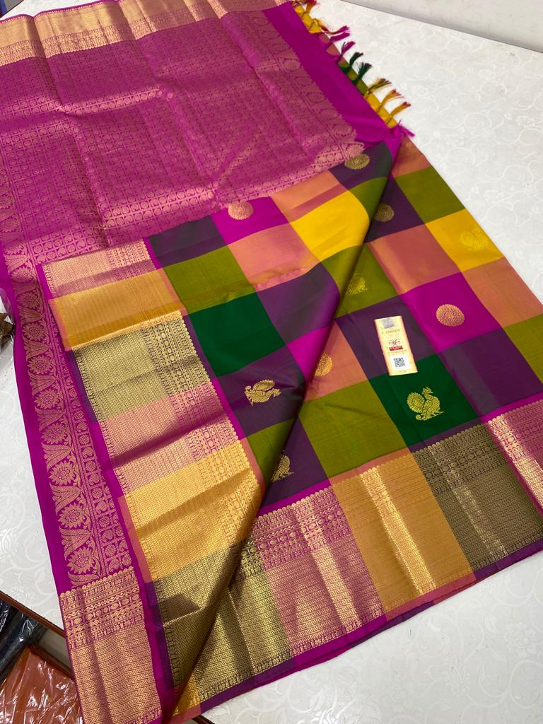 Manormani , Traditional Paazhum Pazham Multicolor Checks With Gold Zari Butties Weaving Kanjivaram Silk Saree -PIY001PP