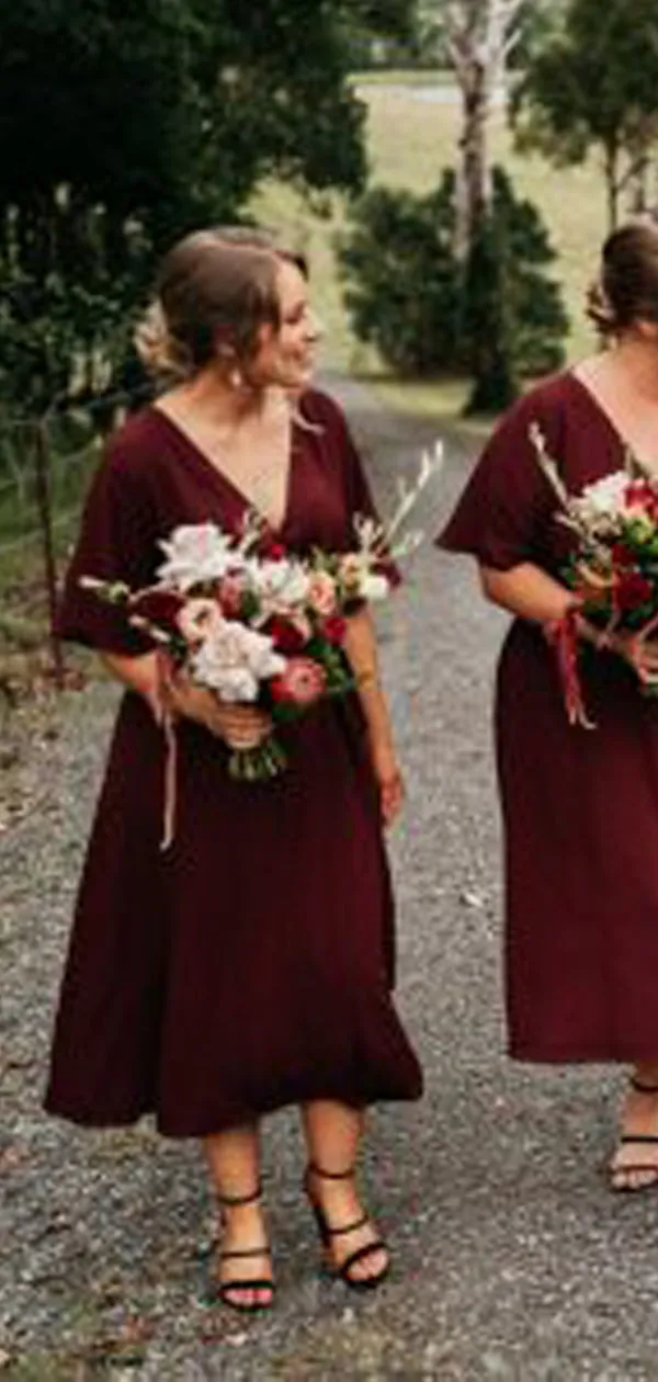 Maroon V-neck Half Sleeve Knee Length Bridesmaid Dresses,DB134