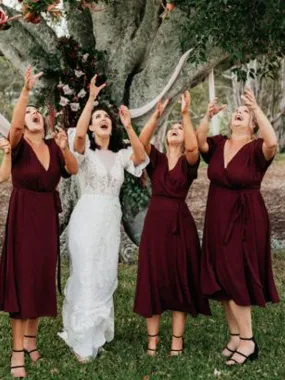 Maroon V-neck Half Sleeve Knee Length Bridesmaid Dresses,DB134