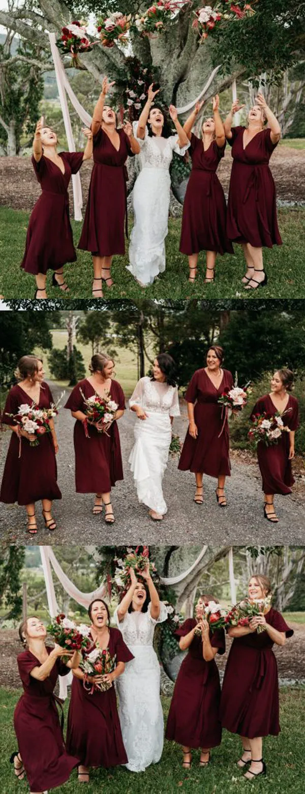 Maroon V-neck Half Sleeve Knee Length Bridesmaid Dresses,DB134