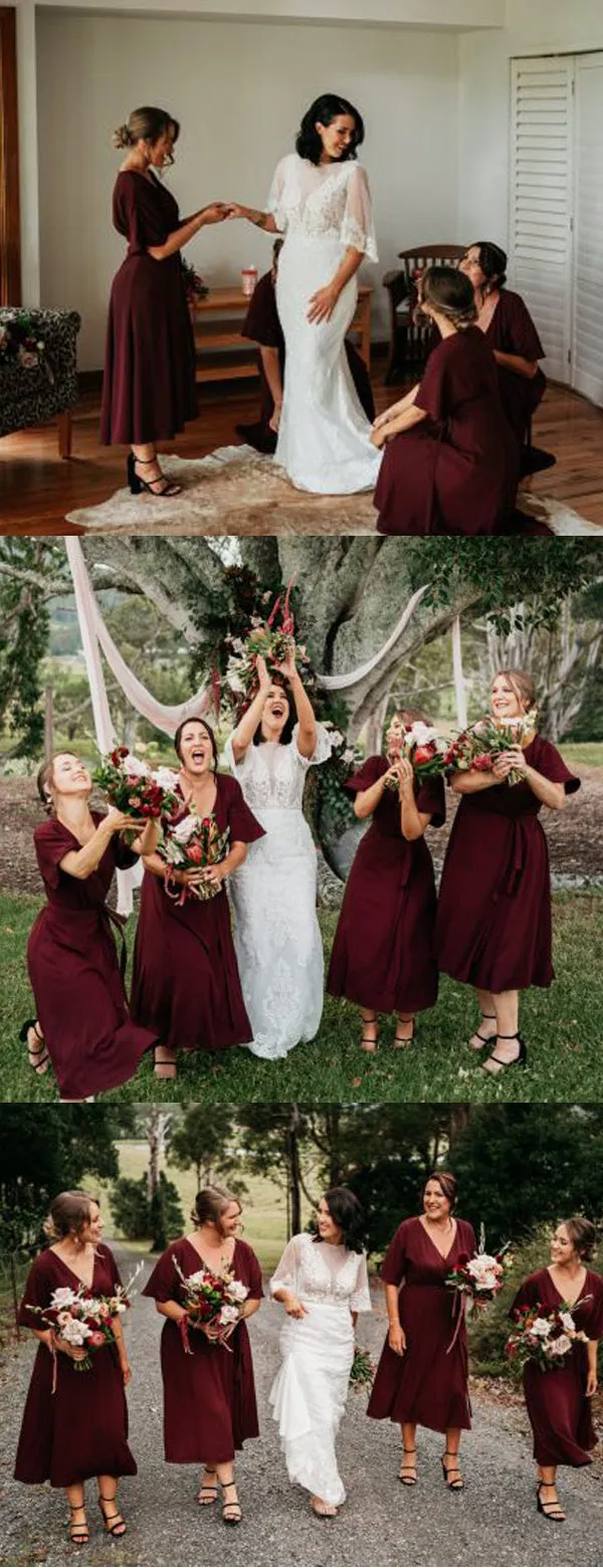 Maroon V-neck Half Sleeve Knee Length Bridesmaid Dresses,DB134