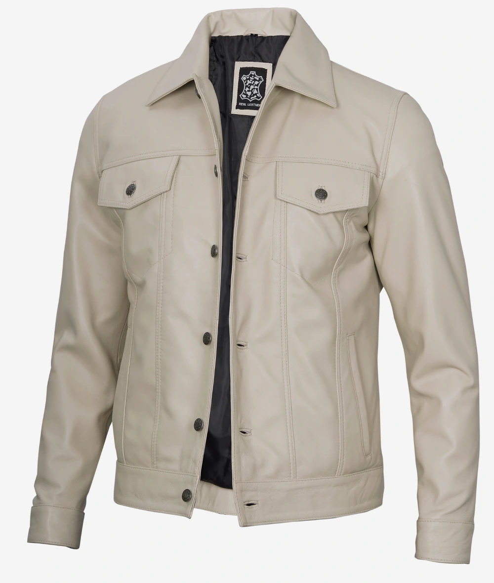 Men's Real Lambskin Leather Beige Trucker Jacket