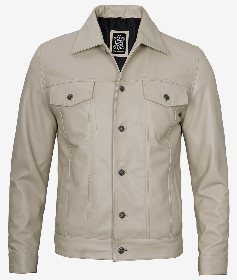 Men's Real Lambskin Leather Beige Trucker Jacket