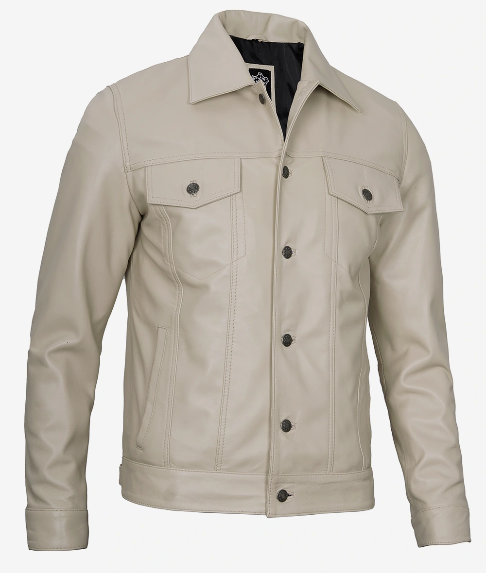 Men's Real Lambskin Leather Beige Trucker Jacket