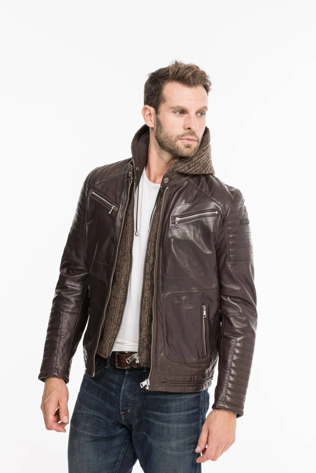 Men's hooded leather jacket togo redskins byron mojito