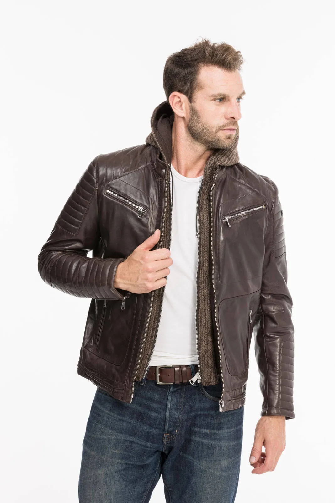 Men's hooded leather jacket togo redskins byron mojito