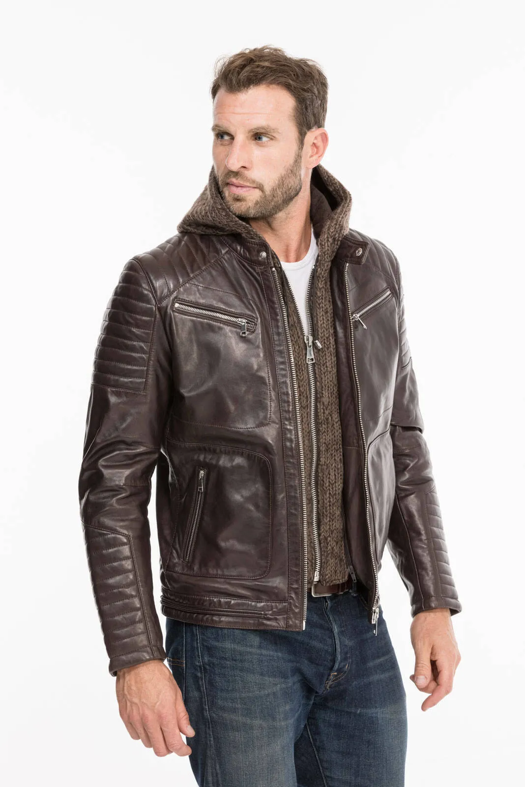 Men's hooded leather jacket togo redskins byron mojito