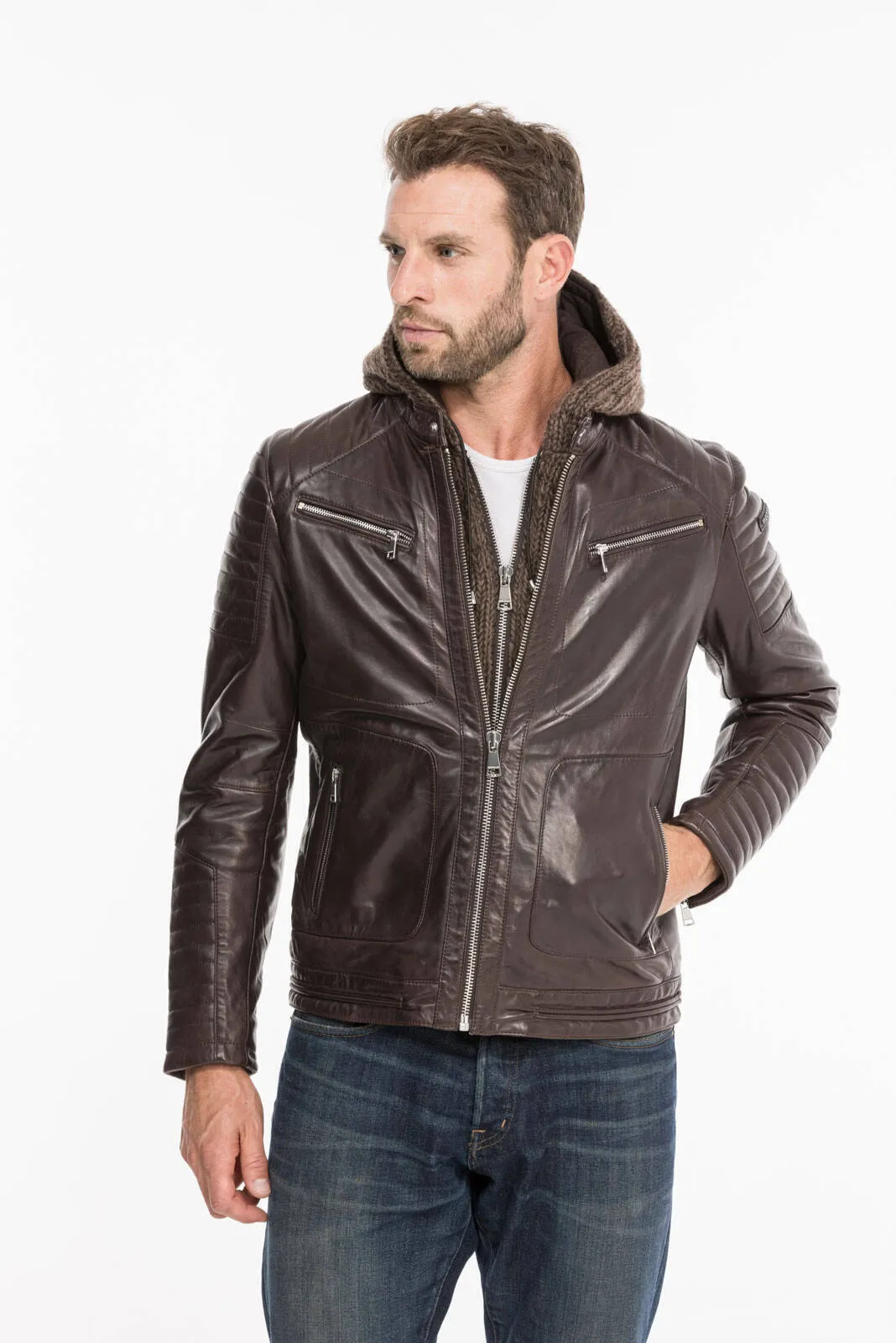 Men's hooded leather jacket togo redskins byron mojito