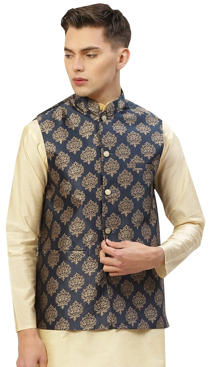 Men's Jacquard Silk Nehru Jacket Traditional India Waistcoat (Blue)