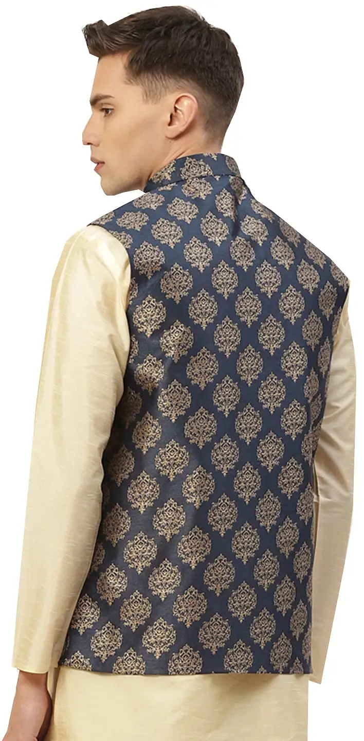 Men's Jacquard Silk Nehru Jacket Traditional India Waistcoat (Blue)