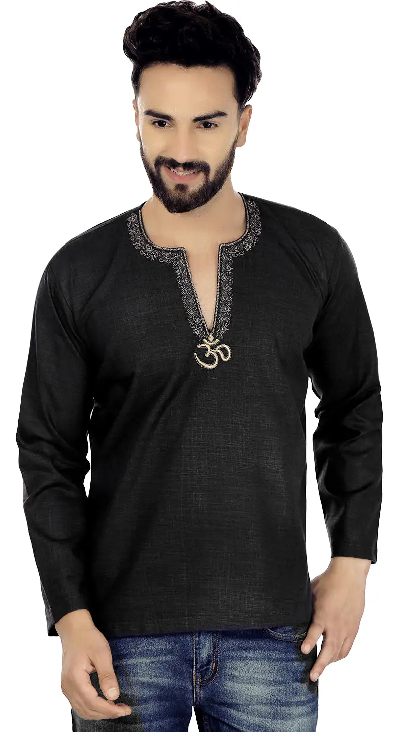 Men's Short Kurta OM Cotton Indian Traditional Clothes (Black)