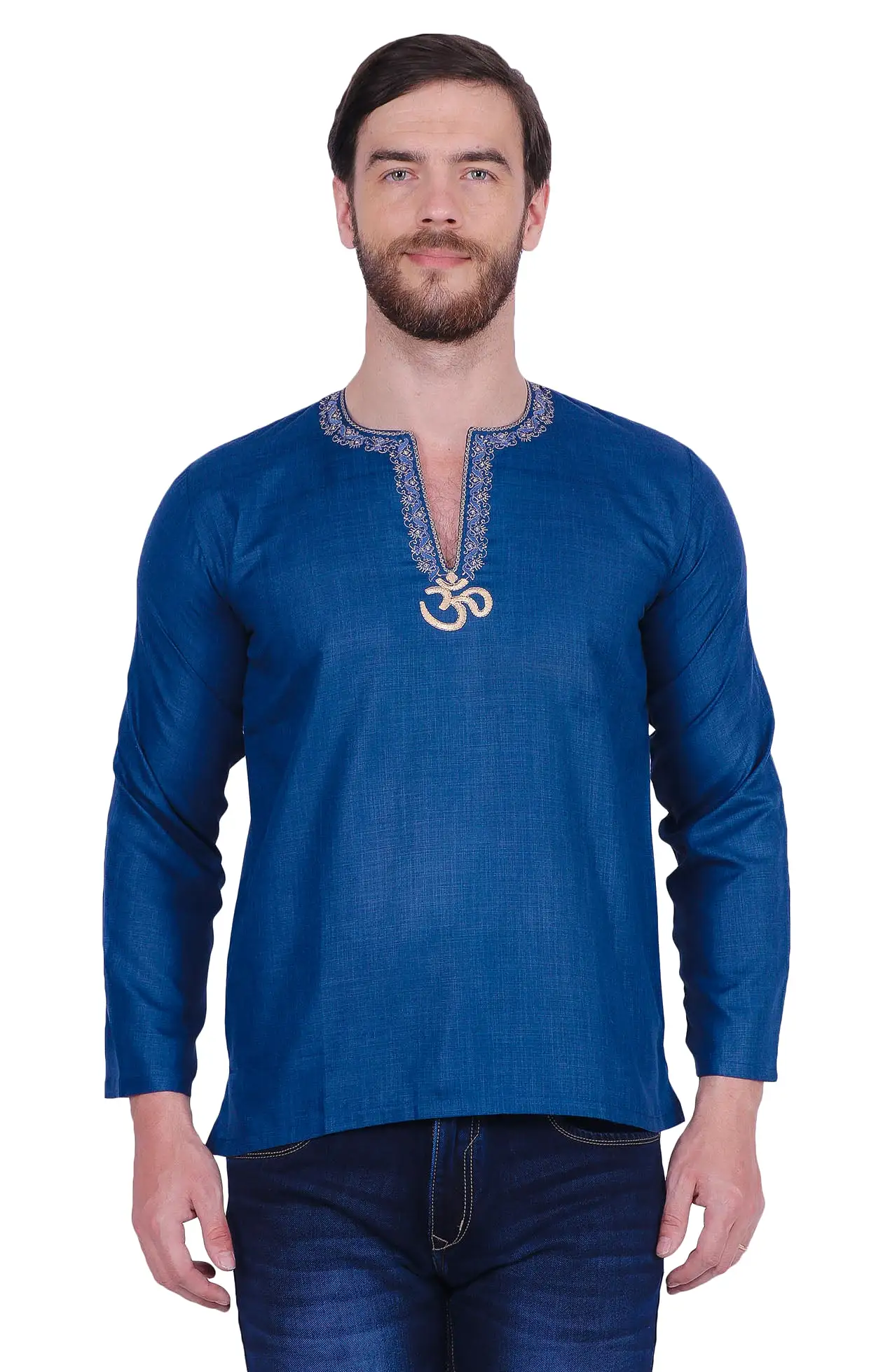 Men's Short Kurta OM Cotton Indian Traditional Clothes (Blue)