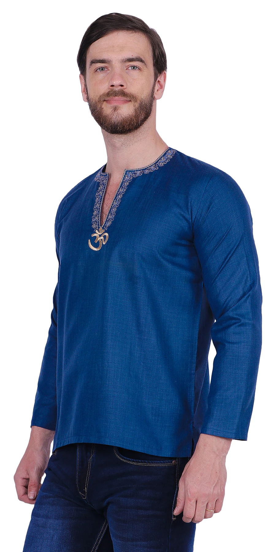 Men's Short Kurta OM Cotton Indian Traditional Clothes (Blue)