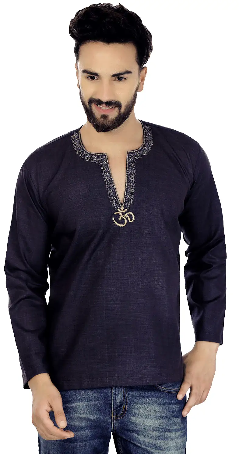 Men's Short Kurta OM Cotton Indian Traditional Clothes (Blue)