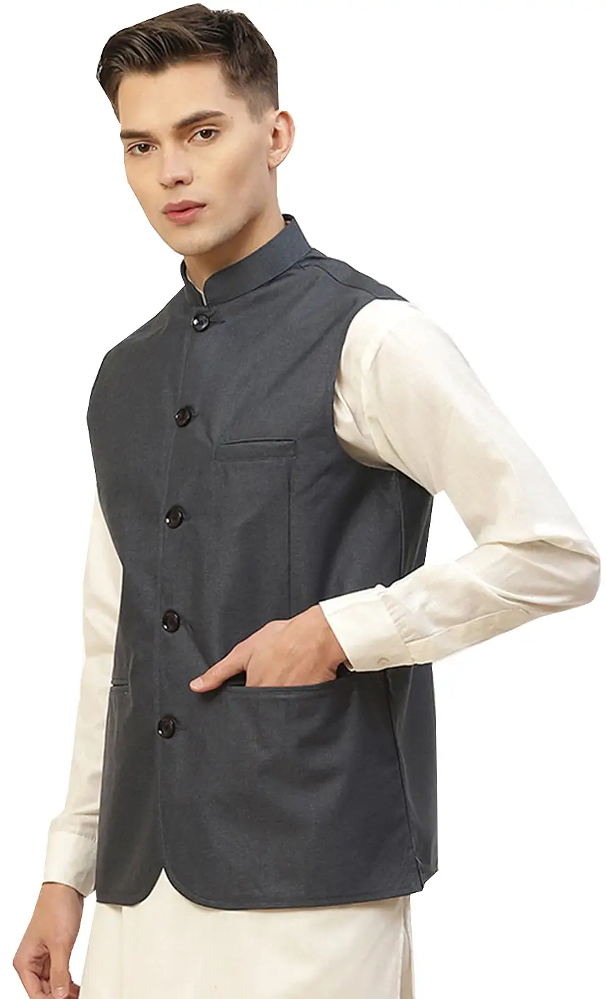 Men's Sleeve Less Cotton Nehru Jacket Traditional India Waistcoat (Blue)