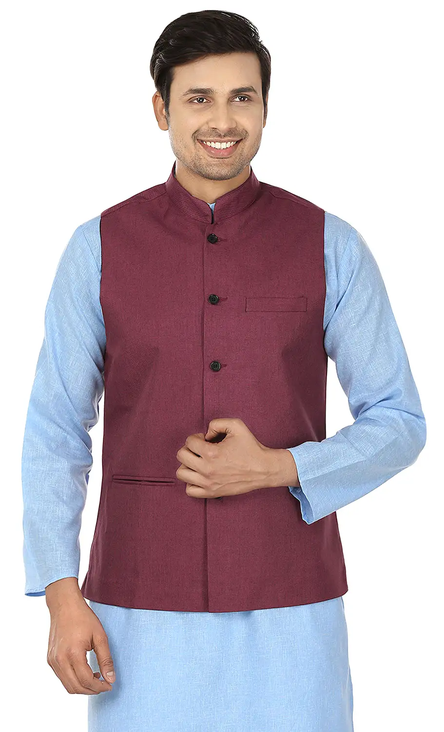 Men's Sleeve Less Jute Nehru Jacket Traditional India Waistcoat (Maroon)