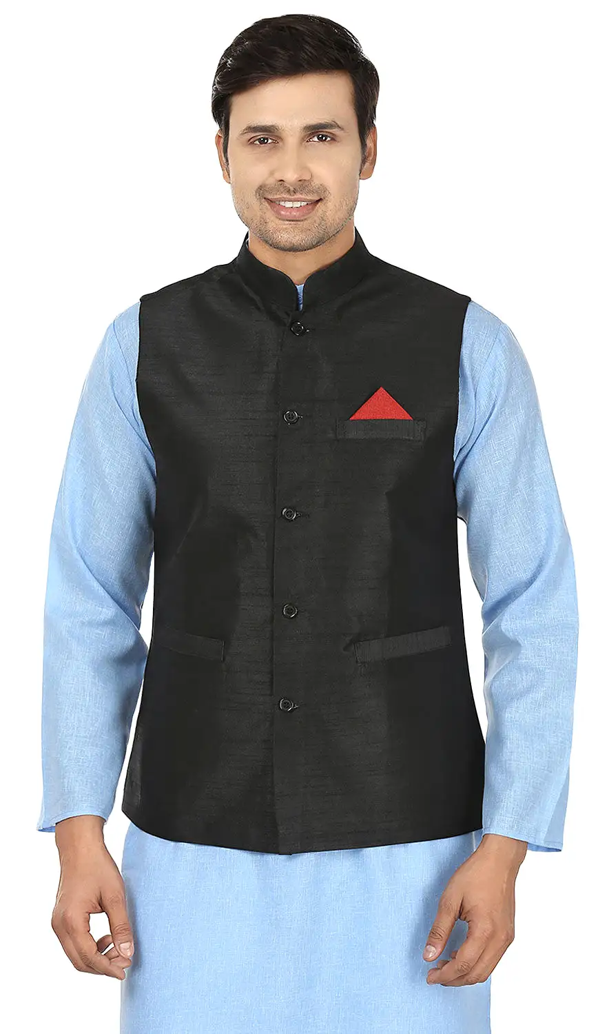 Men's Sleeve Less Silk Nehru Jacket Traditional India Waistcoat (Black)