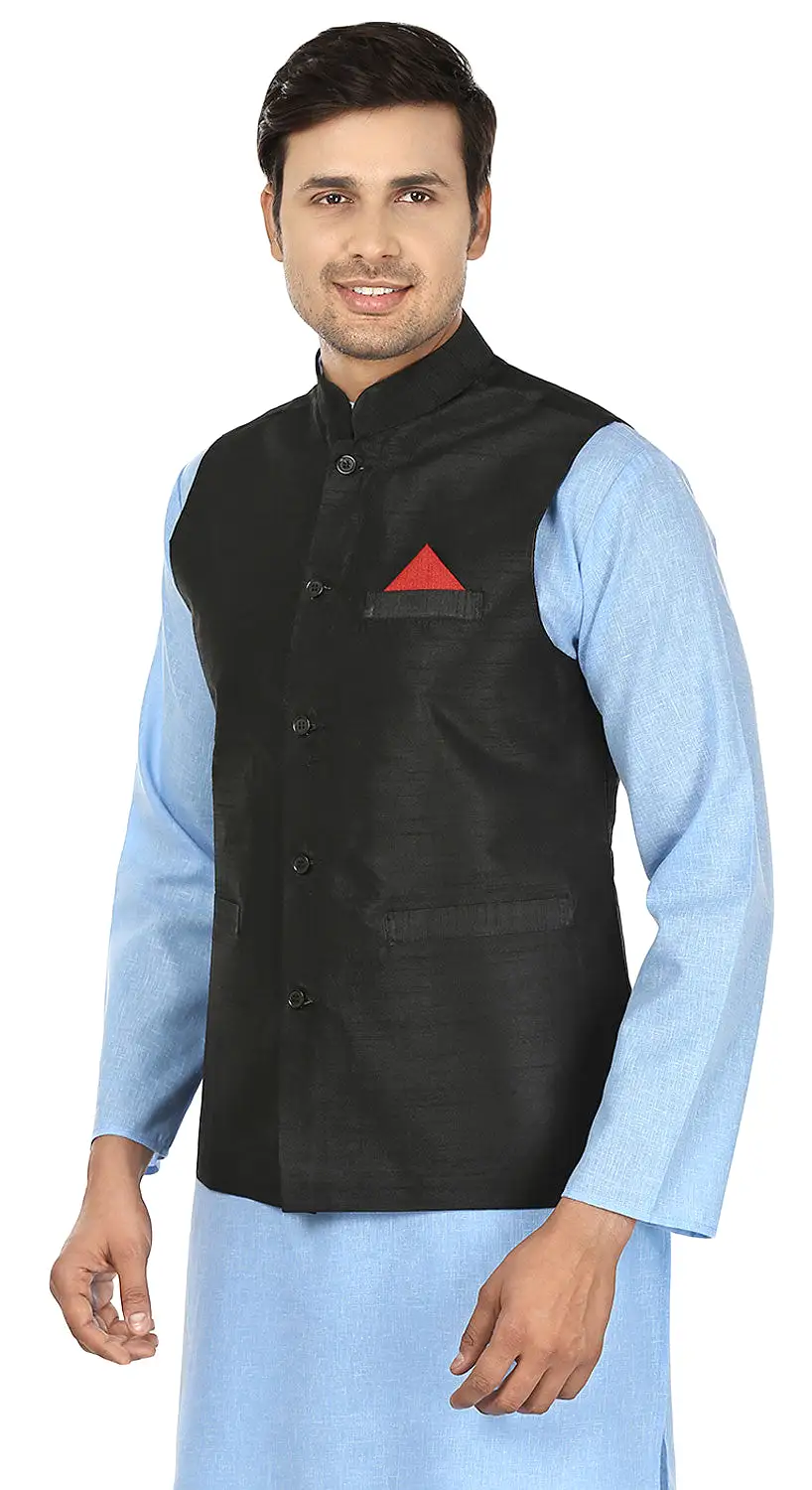 Men's Sleeve Less Silk Nehru Jacket Traditional India Waistcoat (Black)