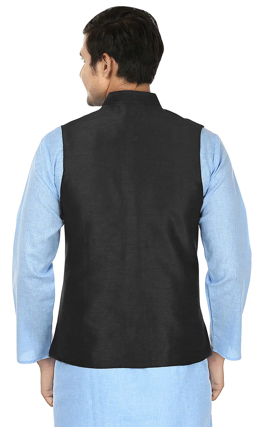 Men's Sleeve Less Silk Nehru Jacket Traditional India Waistcoat (Black)