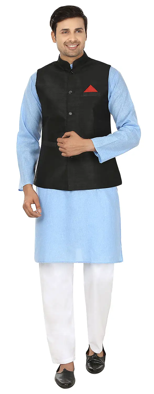 Men's Sleeve Less Silk Nehru Jacket Traditional India Waistcoat (Black)