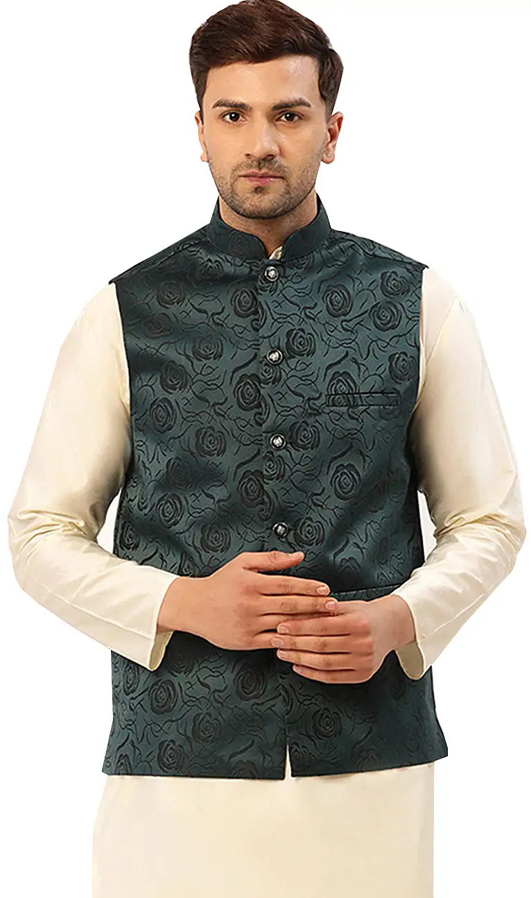 Men's Sleeveless Nehru Jacket Traditional India Waistcoat (Green)