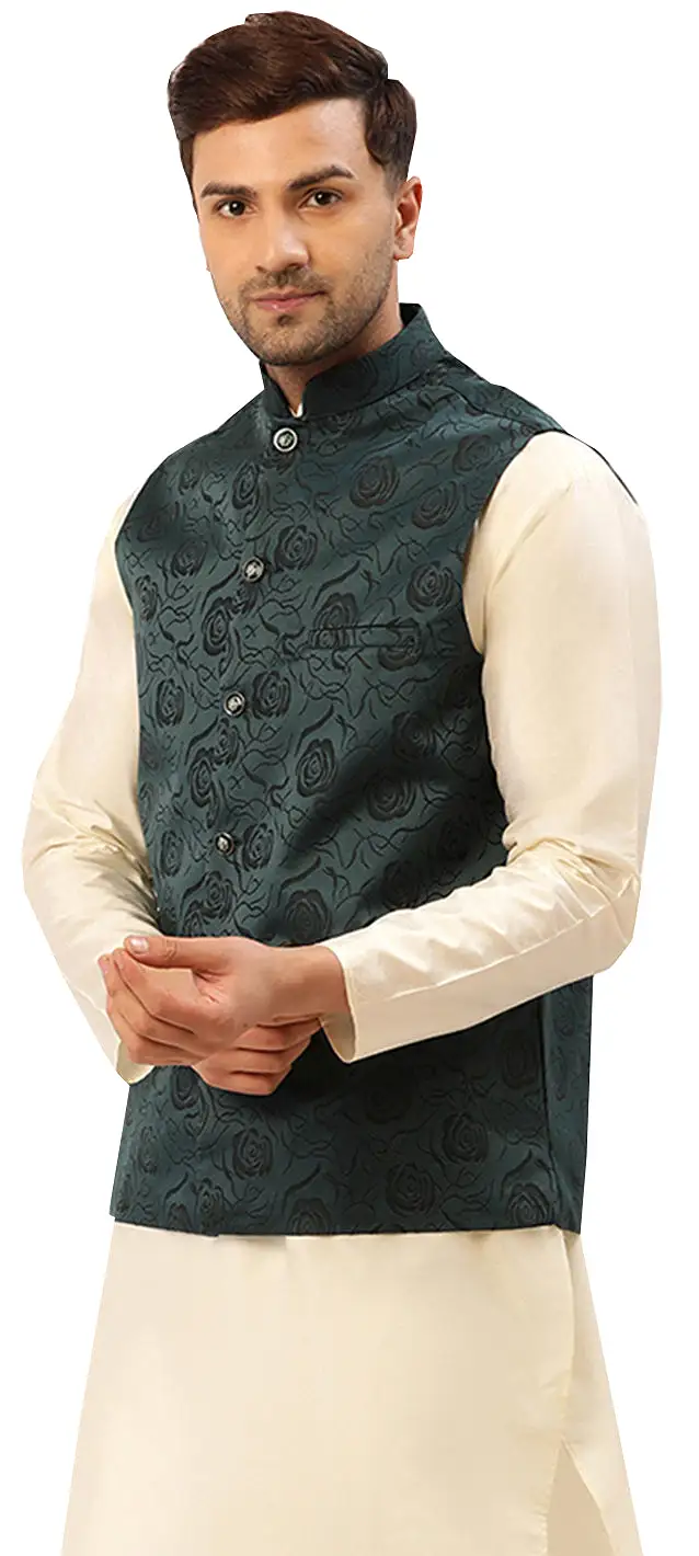 Men's Sleeveless Nehru Jacket Traditional India Waistcoat (Green)