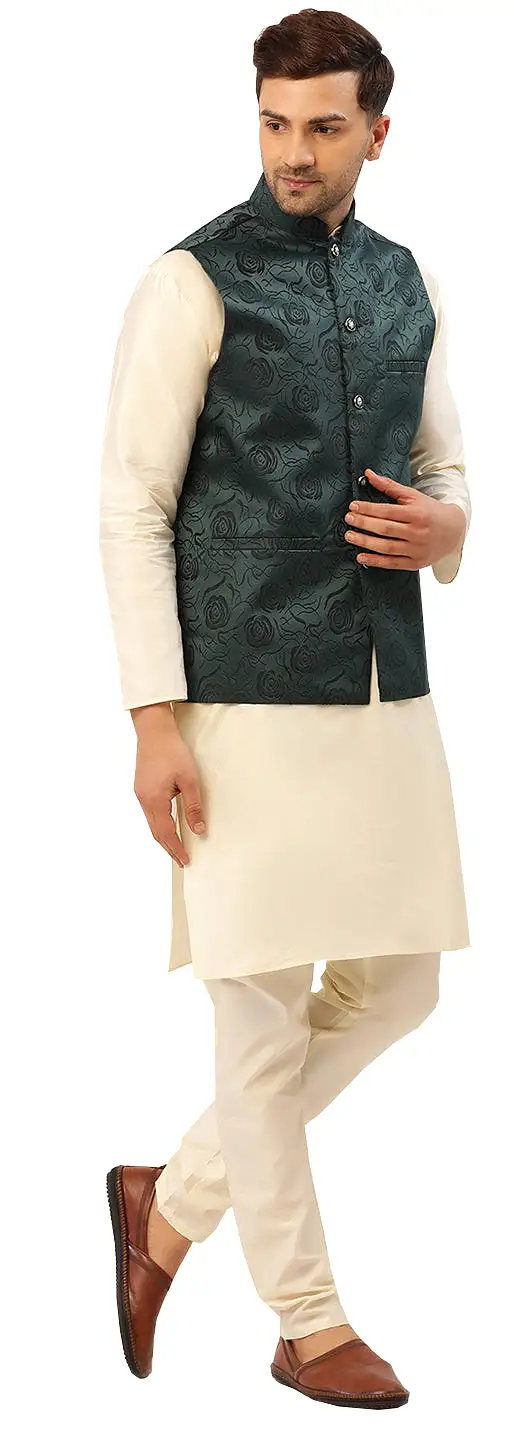 Men's Sleeveless Nehru Jacket Traditional India Waistcoat (Green)