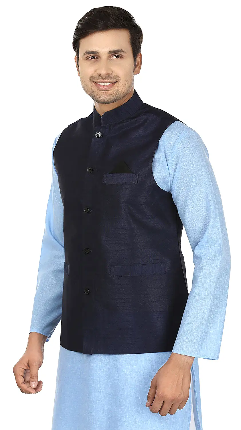 Men's Sleeveless Silk Nehru Jacket Traditional India Waistcoat (Blue)