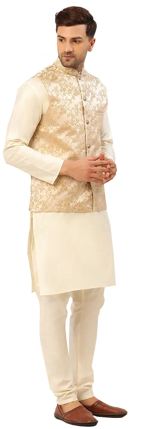 Men's Sleeveless Traditional Indian Closed Neck Waistcoat (Beige)