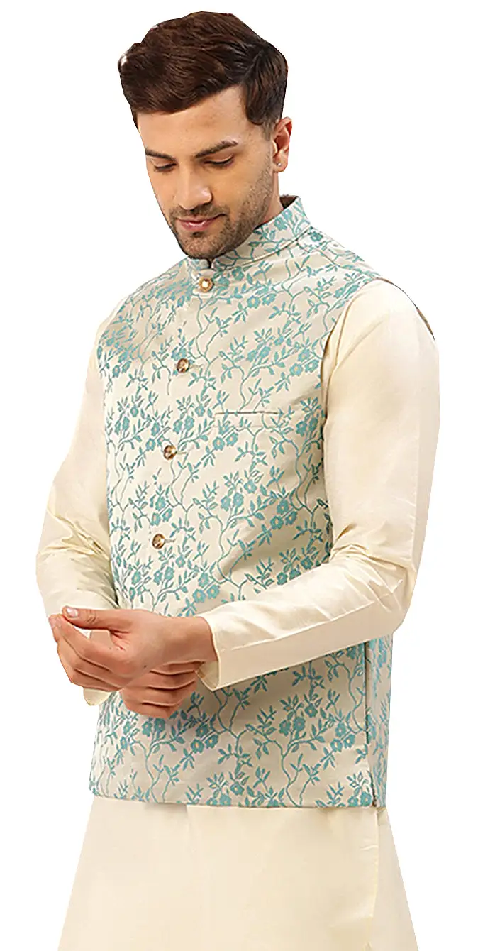 Men's Traditional Indian Outerwear Vest Waistcoat (Cream Turquoise)