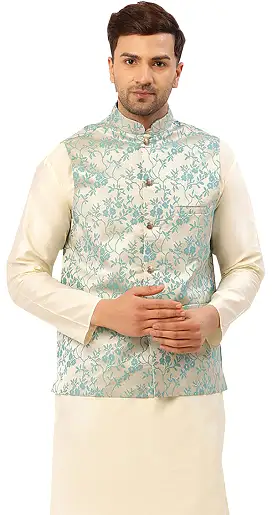 Men's Traditional Indian Outerwear Vest Waistcoat (Cream Turquoise)