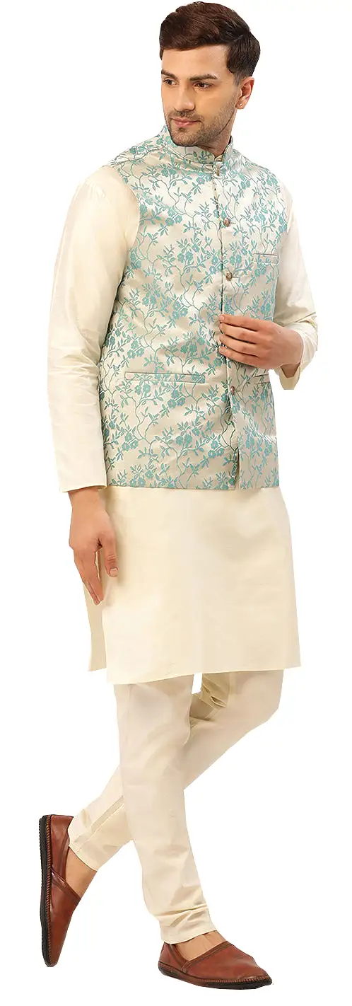 Men's Traditional Indian Outerwear Vest Waistcoat (Cream Turquoise)