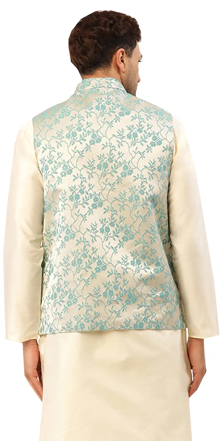 Men's Traditional Indian Outerwear Vest Waistcoat (Cream Turquoise)