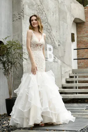 Mermaid Sleeveless V-Neck Wedding Dresses Sweep Train Ruffles Beaded