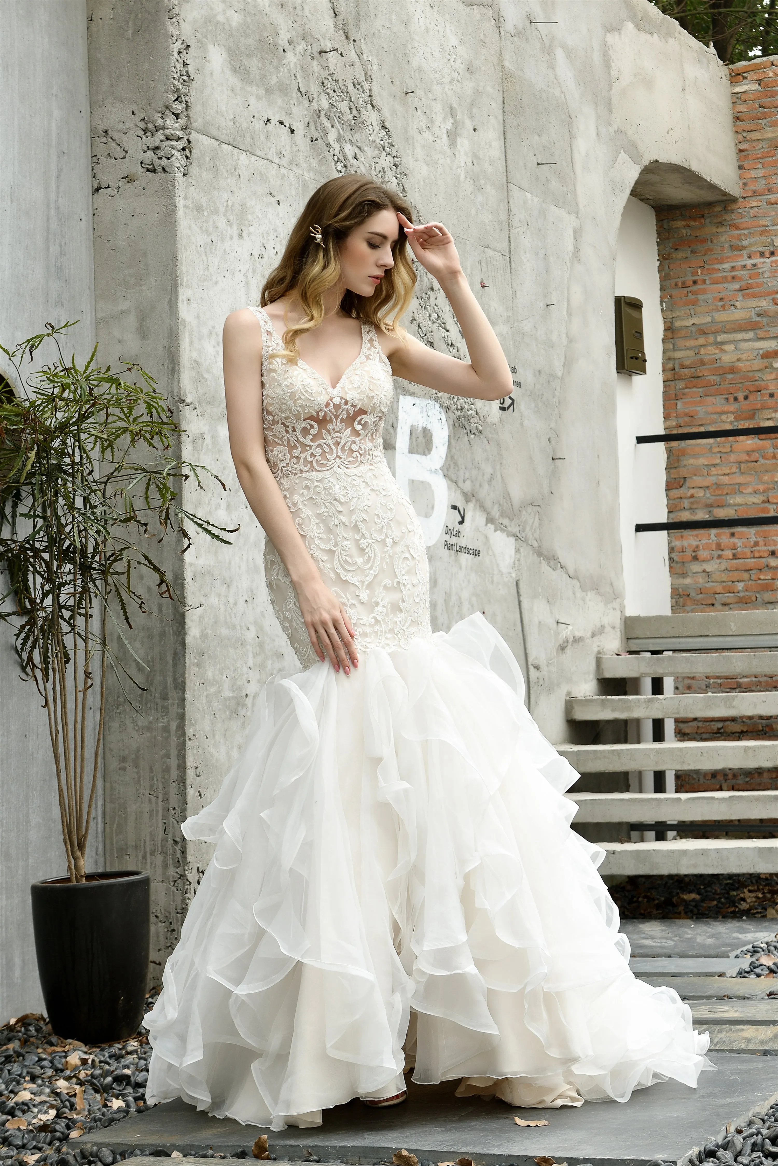 Mermaid Sleeveless V-Neck Wedding Dresses Sweep Train Ruffles Beaded