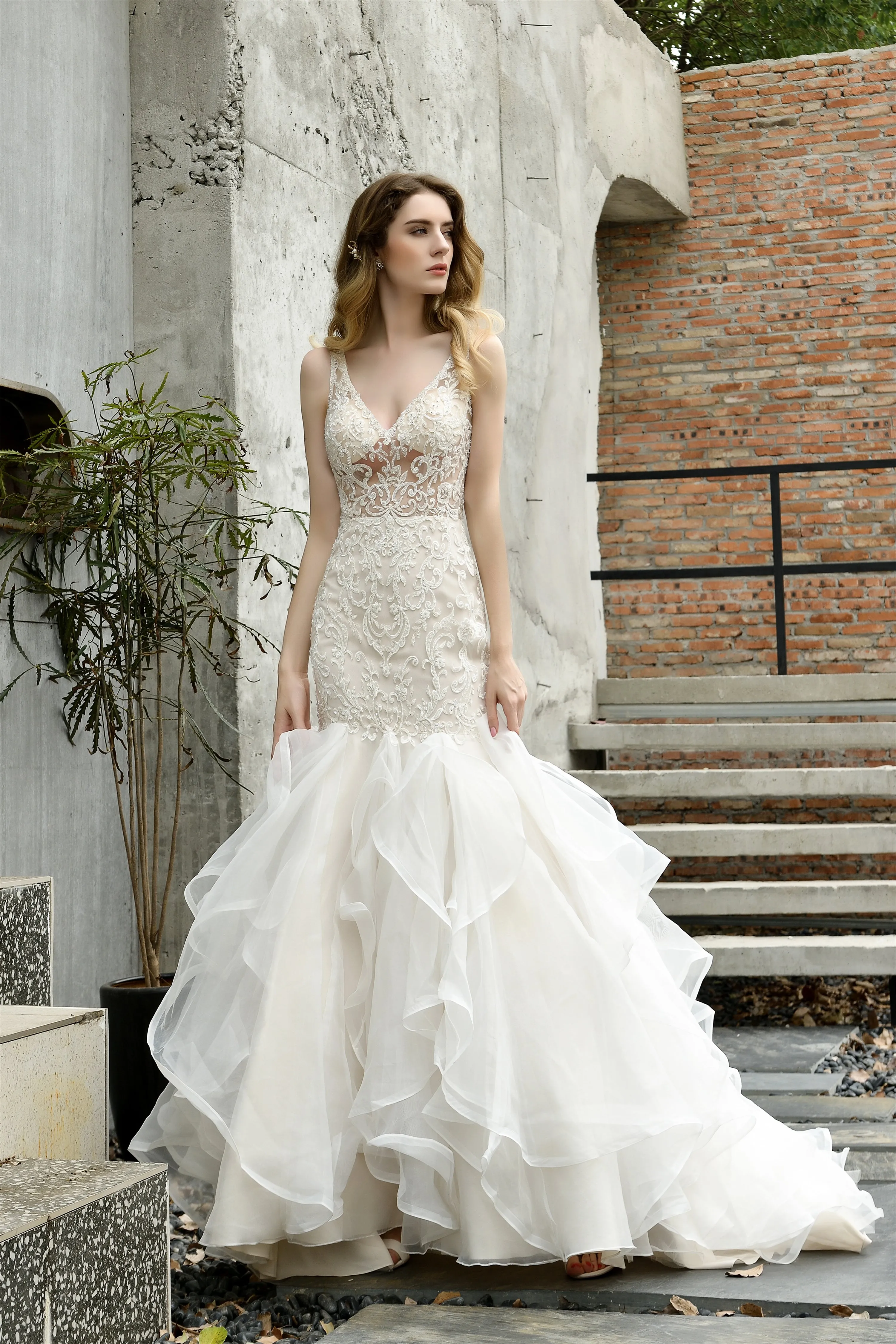 Mermaid Sleeveless V-Neck Wedding Dresses Sweep Train Ruffles Beaded