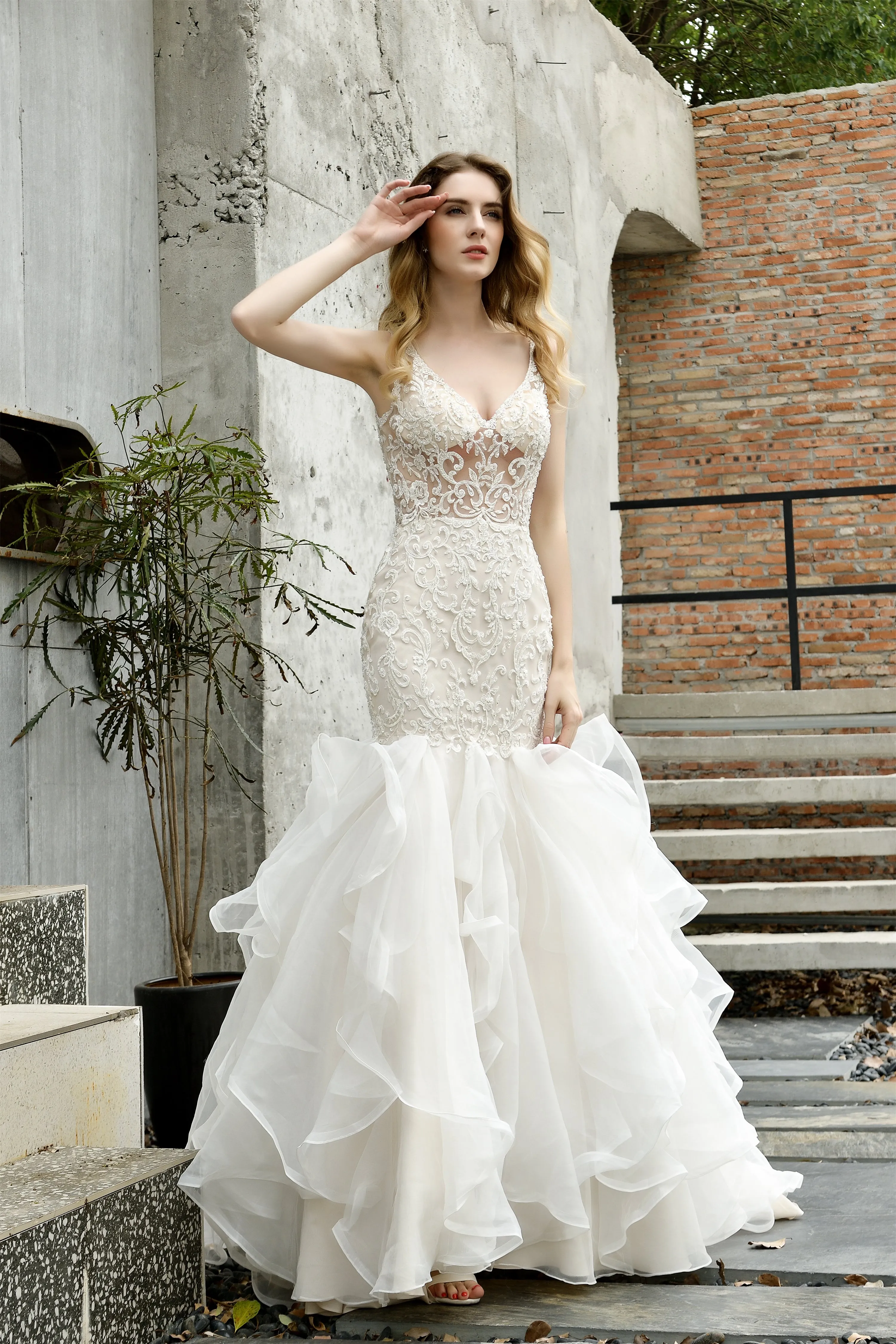 Mermaid Sleeveless V-Neck Wedding Dresses Sweep Train Ruffles Beaded