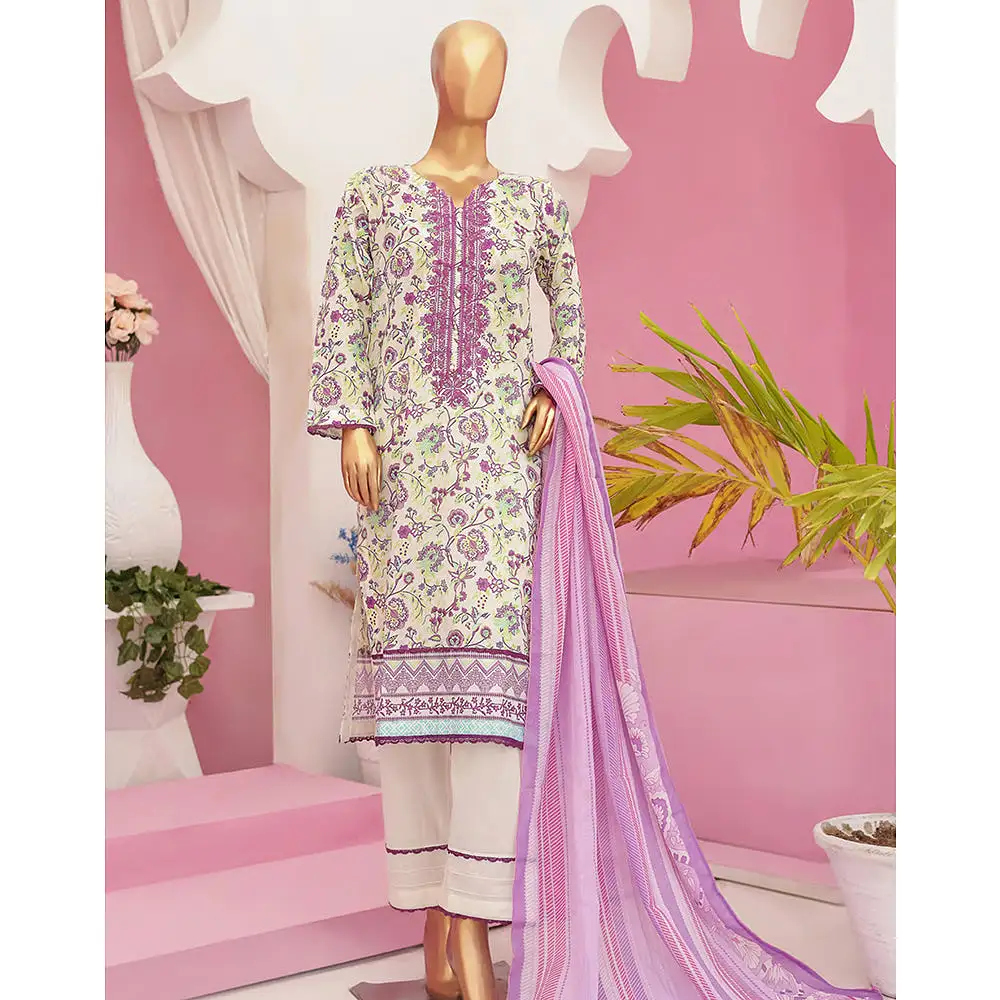 Mishal Printed Lawn Embroidered 3Pcs Suit with Bember Dupatta - 2