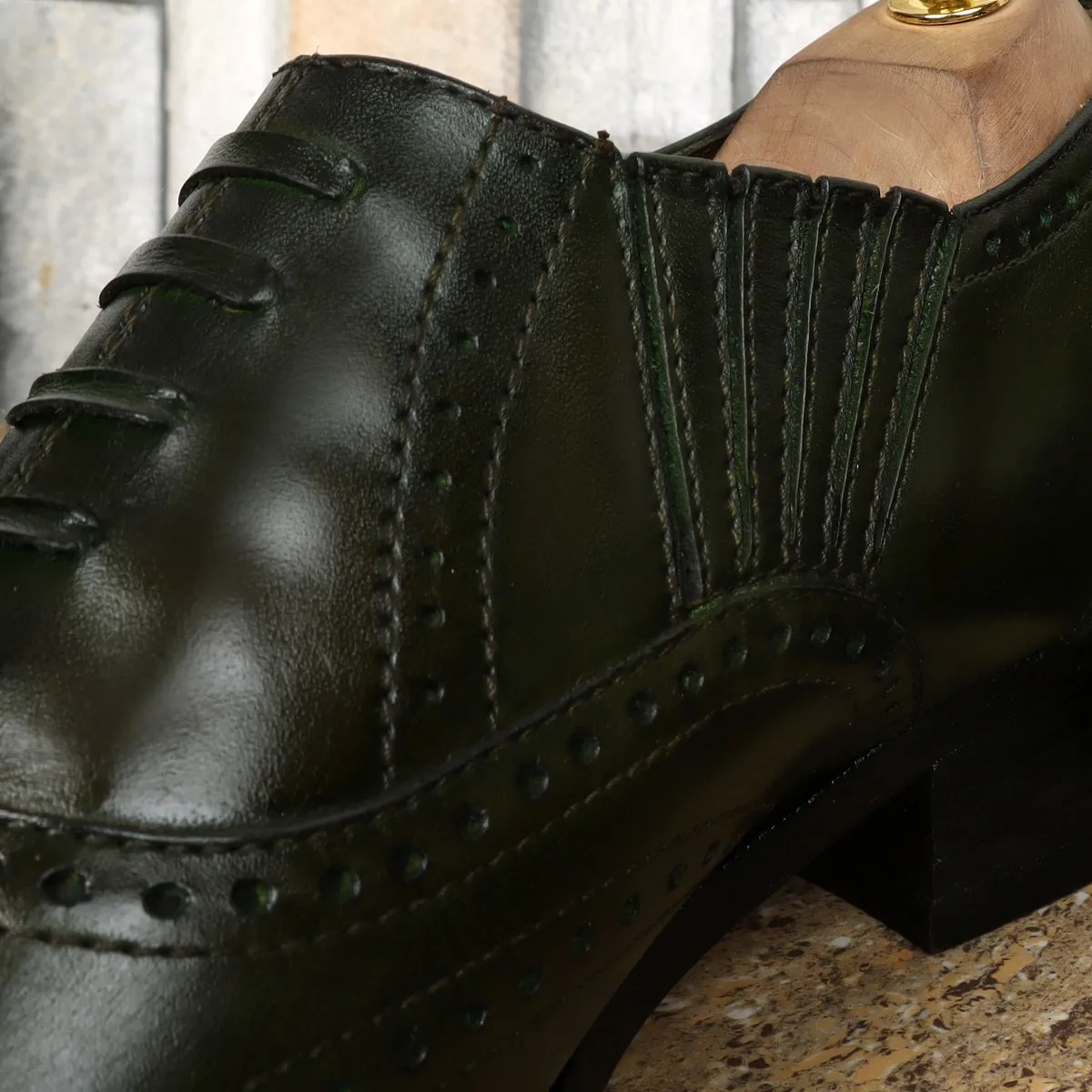 Olive Lazy Man Stylish Wingtip Punching with Fixed Oxfords Lace-up Shoes by Brune & Bareskin