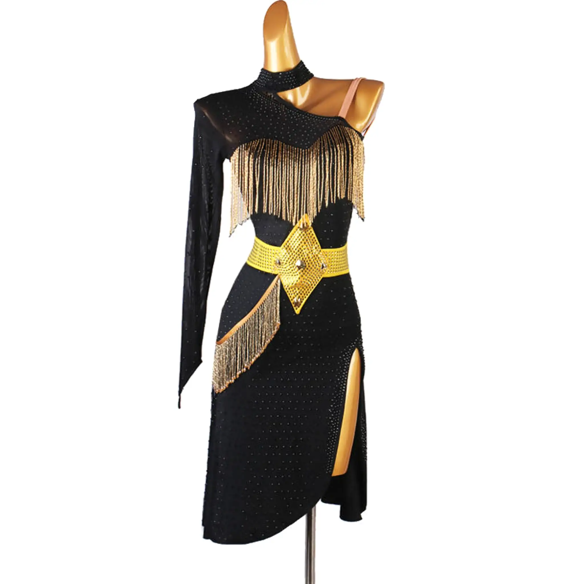 One Sleeve Black Latin Dancewear with Gold Fringe | 228