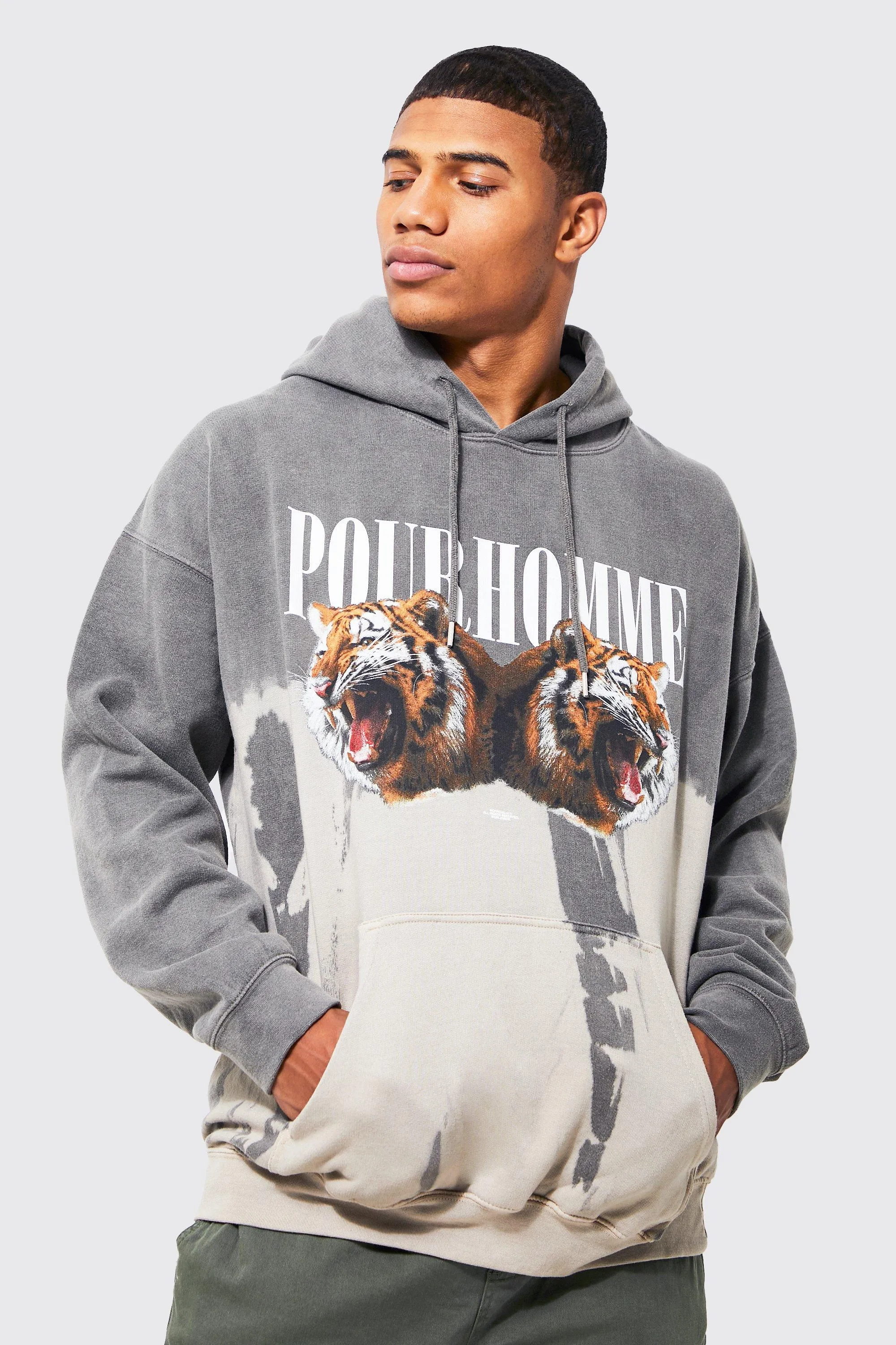 Oversized Bleach Tie Dye Tiger Graphic Hoodie