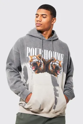 Oversized Bleach Tie Dye Tiger Graphic Hoodie