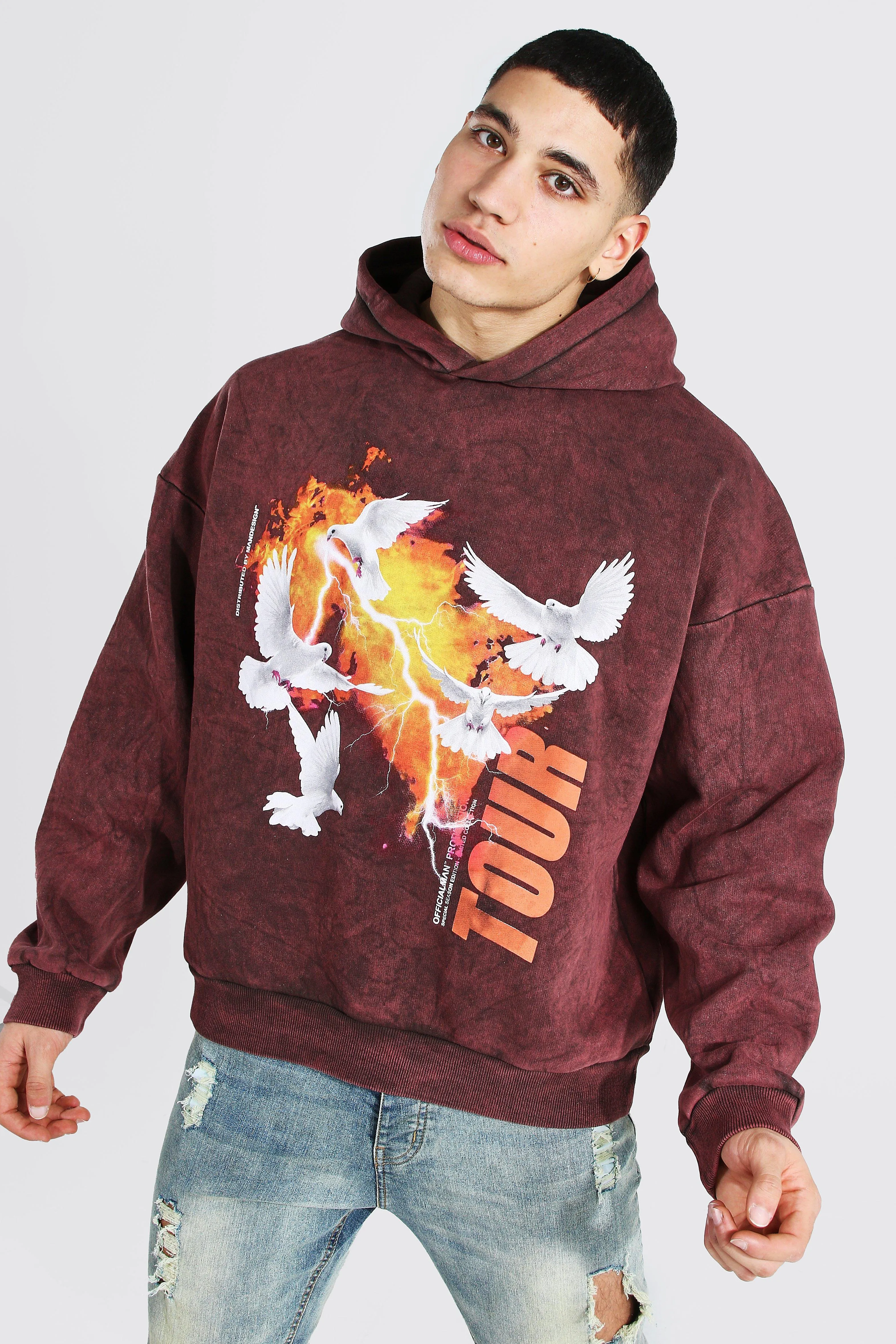 Oversized Dove Print Acid Wash Hoodie | boohooMAN UK